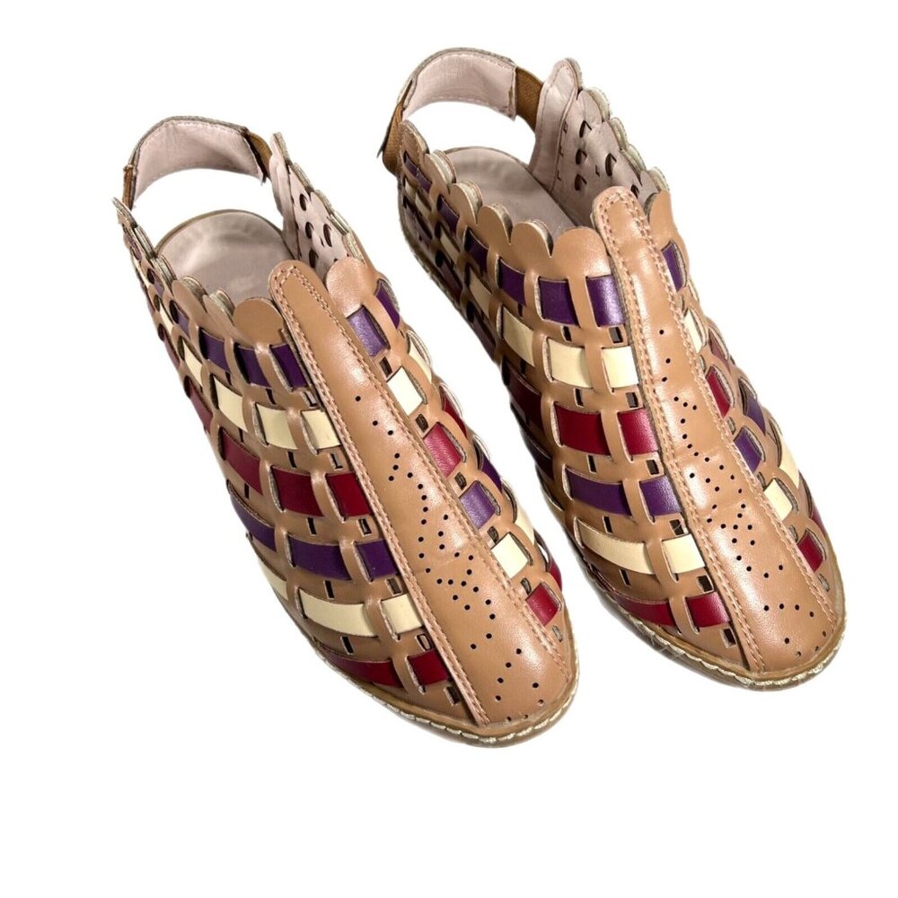 Multicolor Woven Slingback Shoes Kitten Heel Perforated Stripes 35 Tan Purple